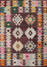 Vintage kilim rug in living room setting, bright colors, wild shaman, soft rug, bold color, Portland, Oregon, rug store, rug shop, local shop, vintage rug, modern kilim, warm colors