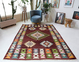 Vintage kilim rug in living room setting, bright colors, wild shaman, soft rug, bold color, Portland, Oregon, rug store, rug shop, local shop, vintage rug, modern kilim, warm colors