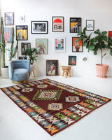 Vintage kilim rug in living room setting, bright colors, wild shaman, soft rug, bold color, Portland, Oregon, rug store, rug shop, local shop, vintage rug, modern kilim, warm colors