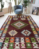 Vintage kilim rug in living room setting, bright colors, wild shaman, soft rug, bold color, Portland, Oregon, rug store, rug shop, local shop, vintage rug, modern kilim, warm colors