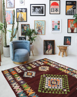 Vintage kilim rug in living room setting, bright colors, wild shaman, soft rug, bold color, Portland, Oregon, rug store, rug shop, local shop, vintage rug, modern kilim, warm colors