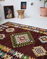 Vintage kilim rug in living room setting, bright colors, wild shaman, soft rug, bold color, Portland, Oregon, rug store, rug shop, local shop, vintage rug, modern kilim, warm colors