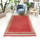 Vintage kilim rug in room decor setting, old rug, antique rug, pastel colors, faded colors, Turkish rug, vintage rug, soft rug, Portland, Oregon, rug store, rug shop, local shop, bold colors, bright colors, faded colors