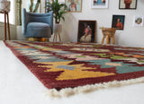 Vintage kilim rug in living room setting, bright colors, wild shaman, soft rug, bold color, Portland, Oregon, rug store, rug shop, local shop, vintage rug, modern kilim, warm colors