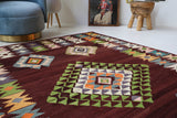 Vintage kilim rug in living room setting, bright colors, wild shaman, soft rug, bold color, Portland, Oregon, rug store, rug shop, local shop, vintage rug, modern kilim, warm colors