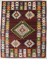 Vintage kilim rug in living room setting, bright colors, wild shaman, soft rug, bold color, Portland, Oregon, rug store, rug shop, local shop, vintage rug, modern kilim, warm colors