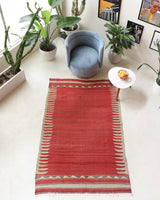 Vintage kilim rug in room decor setting, old rug, antique rug, pastel colors, faded colors, Turkish rug, vintage rug, soft rug, Portland, Oregon, rug store, rug shop, local shop, bold colors, bright colors, faded colors