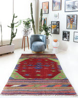 Vintage kilim rug in living room setting, bright colors, wild shaman, soft rug, bold color, Portland, Oregon, rug store, rug shop, local shop, vintage rug, modern kilim, warm colors