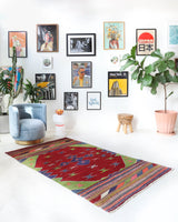 Vintage kilim rug in living room setting, bright colors, wild shaman, soft rug, bold color, Portland, Oregon, rug store, rug shop, local shop, vintage rug, modern kilim, warm colors