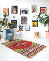 Vintage kilim rug in living room setting, bright colors, wild shaman, soft rug, bold color, Portland, Oregon, rug store, rug shop, local shop, vintage rug, modern kilim, warm colors