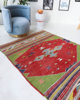 Vintage kilim rug in living room setting, bright colors, wild shaman, soft rug, bold color, Portland, Oregon, rug store, rug shop, local shop, vintage rug, modern kilim, warm colors