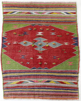 Vintage kilim rug in living room setting, bright colors, wild shaman, soft rug, bold color, Portland, Oregon, rug store, rug shop, local shop, vintage rug, modern kilim, warm colors