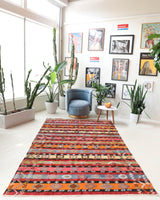 Vintage kilim rug in living room setting, bright colors, wild shaman, soft rug, bold color, Portland, Oregon, rug store, rug shop, local shop, vintage rug, modern kilim, warm colors