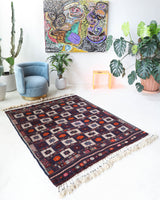 Vintage kilim rug in living room setting, bright colors, wild shaman, soft rug, bold color, Portland, Oregon, rug store, rug shop, local shop, vintage rug, modern kilim, warm colors, antique kilim rug