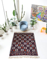 Vintage kilim rug in living room setting, bright colors, wild shaman, soft rug, bold color, Portland, Oregon, rug store, rug shop, local shop, vintage rug, modern kilim, warm colors, antique kilim rug