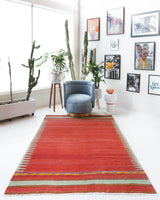 Vintage kilim rug in room decor setting, old rug, antique rug, pastel colors, faded colors, Turkish rug, vintage rug, soft rug, Portland, Oregon, rug store, rug shop, local shop, bold colors, bright colors, faded colors