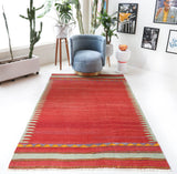 Vintage kilim rug in room decor setting, old rug, antique rug, pastel colors, faded colors, Turkish rug, vintage rug, soft rug, Portland, Oregon, rug store, rug shop, local shop, bold colors, bright colors, faded colors