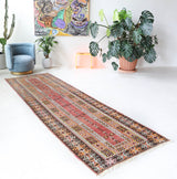 Vintage Turkish runner rug in living room setting, old rug, antique rug, pastel colors, faded colors, Turkish rug, vintage rug, soft rug, Portland, Oregon, rug store, rug shop, local shop