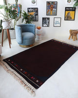 Vintage kilim rug in living room setting, bright colors, wild shaman, soft rug, bold color, Portland, Oregon, rug store, rug shop, local shop, vintage rug, modern kilim, warm colors