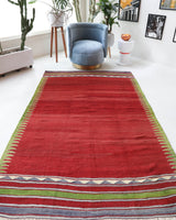 Vintage kilim rug in living room setting, bright colors, wild shaman, soft rug, bold color, Portland, Oregon, rug store, rug shop, local shop, vintage rug, modern kilim, warm colors