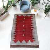 Vintage kilim rug in living room setting, bright colors, wild shaman, soft rug, bold color, Portland, Oregon, rug store, rug shop, local shop, vintage rug, modern kilim, warm colors