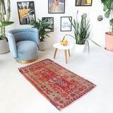 Vintage kilim rug in living room setting, old rug, antique rug, pastel colors, faded colors, Turkish rug, vintage rug, soft rug, Portland, Oregon, rug store, rug shop, local shop, earthy tones, earthy colors, warm colors