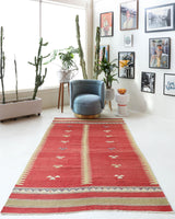 Vintage kilim rug in living room setting, old rug, antique rug, pastel colors, faded colors, Turkish rug, vintage rug, soft rug, Portland, Oregon, rug store, rug shop, local shop, earthy tones, earthy colors, warm colors