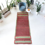 Vintage Turkish runner rug in a living room setting, pile rug, Turkish rug, vintage rug, portland, rug shop, bright colors, wild shaman, soft rug, bold color, Portland, Oregon, rug store, rug shop, local shop, antique rug