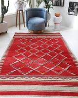 Vintage kilim rug in room decor setting, old rug, antique rug, pastel colors, faded colors, Turkish rug, vintage rug, soft rug, Portland, Oregon, rug store, rug shop, local shop, bold colors, bright colors, faded colors