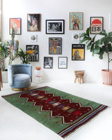 Vintage kilim rug in living room setting, bright colors, wild shaman, soft rug, bold color, Portland, Oregon, rug store, rug shop, local shop, vintage rug, modern kilim, warm colors