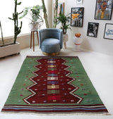 Vintage kilim rug in living room setting, bright colors, wild shaman, soft rug, bold color, Portland, Oregon, rug store, rug shop, local shop, vintage rug, modern kilim, warm colors