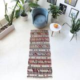 Vintage Turkish runner rug in living room setting, old rug, antique rug, pastel colors, faded colors, Turkish rug, vintage rug, soft rug, Portland, Oregon, rug store, rug shop, local shop