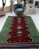 Vintage kilim rug in living room setting, bright colors, wild shaman, soft rug, bold color, Portland, Oregon, rug store, rug shop, local shop, vintage rug, modern kilim, warm colors