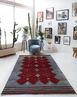 Vintage kilim rug in living room setting, bright colors, wild shaman, soft rug, bold color, Portland, Oregon, rug store, rug shop, local shop, vintage rug, modern kilim, warm colors