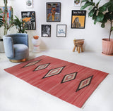 Vintage kilim rug in living room setting, bright colors, wild shaman, soft rug, bold color, Portland, Oregon, rug store, rug shop, local shop, vintage rug, modern kilim, warm colors