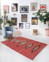 Vintage kilim rug in living room setting, bright colors, wild shaman, soft rug, bold color, Portland, Oregon, rug store, rug shop, local shop, vintage rug, modern kilim, warm colors