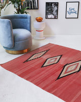 Vintage kilim rug in living room setting, bright colors, wild shaman, soft rug, bold color, Portland, Oregon, rug store, rug shop, local shop, vintage rug, modern kilim, warm colors