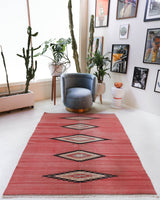 Vintage kilim rug in living room setting, bright colors, wild shaman, soft rug, bold color, Portland, Oregon, rug store, rug shop, local shop, vintage rug, modern kilim, warm colors