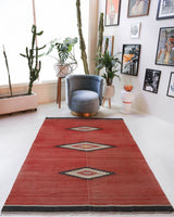 Vintage kilim rug in living room setting, bright colors, wild shaman, soft rug, bold color, Portland, Oregon, rug store, rug shop, local shop, vintage rug, modern kilim, warm colors