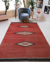 Vintage kilim rug in living room setting, bright colors, wild shaman, soft rug, bold color, Portland, Oregon, rug store, rug shop, local shop, vintage rug, modern kilim, warm colors