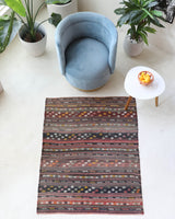 Vintage kilim rug in living room setting, old rug, antique rug, pastel colors, faded colors, Turkish rug, vintage rug, soft rug, Portland, Oregon, rug store, rug shop, local shop, earthy tones, earthy colors, warm colors