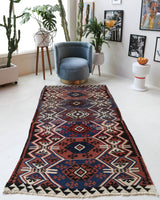 Vintage Turkish runner rug in a living room setting, pile rug, Turkish rug, vintage rug, portland, rug shop, bright colors, wild shaman, soft rug, bold color, Portland, Oregon, rug store, rug shop, local shop, antique rug