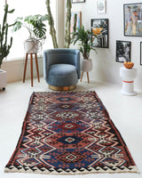 Vintage Turkish runner rug in a living room setting, pile rug, Turkish rug, vintage rug, portland, rug shop, bright colors, wild shaman, soft rug, bold color, Portland, Oregon, rug store, rug shop, local shop, antique rug