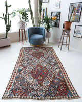 Vintage kilim rug in room decor setting, old rug, antique rug, pastel colors, faded colors, Turkish rug, vintage rug, soft rug, Portland, Oregon, rug store, rug shop, local shop, bold colors, bright colors, faded colors