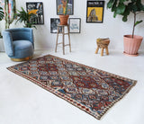 Vintage kilim rug in room decor setting, old rug, antique rug, pastel colors, faded colors, Turkish rug, vintage rug, soft rug, Portland, Oregon, rug store, rug shop, local shop, bold colors, bright colors, faded colors