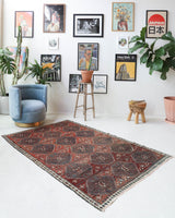 Vintage kilim rug in living room setting, bright colors, wild shaman, soft rug, bold color, Portland, Oregon, rug store, rug shop, local shop, vintage rug, modern kilim, warm colors