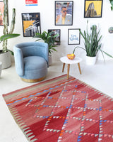 Vintage kilim rug in living room setting, bright colors, wild shaman, soft rug, bold color, Portland, Oregon, rug store, rug shop, local shop, vintage rug, modern kilim, warm colors