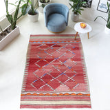 Vintage kilim rug in living room setting, bright colors, wild shaman, soft rug, bold color, Portland, Oregon, rug store, rug shop, local shop, vintage rug, modern kilim, warm colors