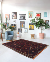 Vintage kilim rug in living room setting, bright colors, wild shaman, soft rug, bold color, Portland, Oregon, rug store, rug shop, local shop, vintage rug, modern kilim, warm colors