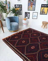 Vintage kilim rug in living room setting, bright colors, wild shaman, soft rug, bold color, Portland, Oregon, rug store, rug shop, local shop, vintage rug, modern kilim, warm colors
